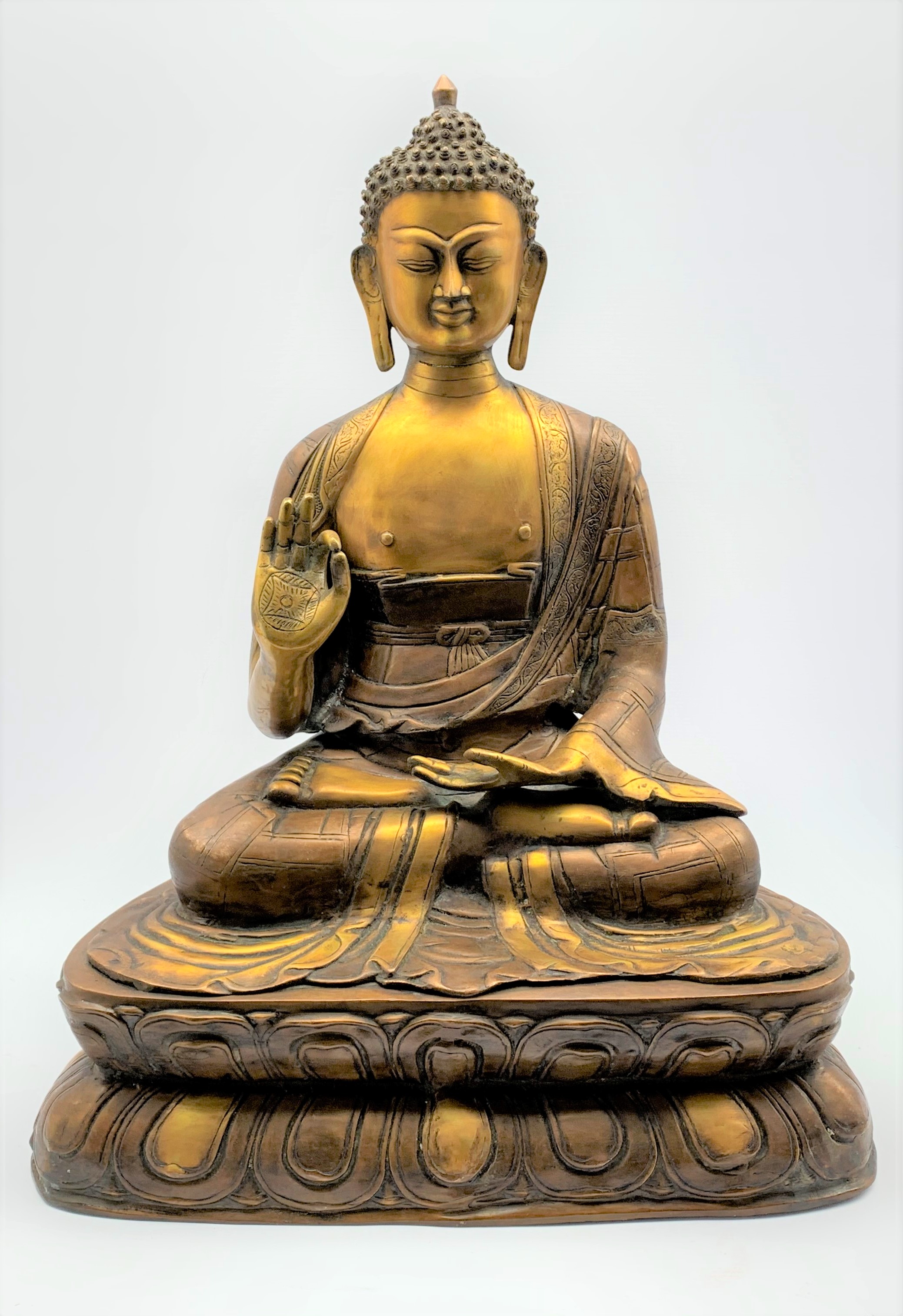 Large painted and patinated metal figure of Shakyamuni Buddha, with hand raised, - Image 2 of 2