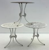 Set of three 20th century cast aluminium pub tables,