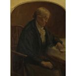 Unsigned Victorian oil on board of an old lady in a Windsor chair, arched mount,