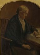Unsigned Victorian oil on board of an old lady in a Windsor chair, arched mount,
