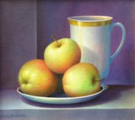 Trisha Hardwick (British 1949-) still life of three apples on a plate, oil on canvas, signed,