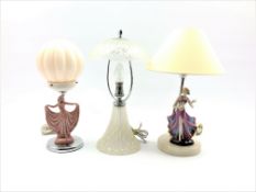 Art Deco chromium plated table lamp with fluted glass shade and pottery figure H34cm,