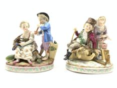 Pair of Thuringian porcelain figure groups depicting Summer and Winter on oval bases approx 15cm x