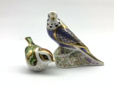 Royal Crown Derby paperweight modelled as a Violet Budgerigar, signed, and a Firecrest paperweight,