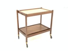 Mid century afromsia teak two tier drinks trolley, with removeable trays, raised on castors,