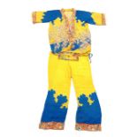 Pair of 1930s Japanese ladies pyjamas with flowers on a blue and yellow ground with matching