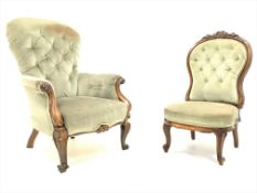 Victorian walnut framed armchair, upholstered in buttoned green velvet,