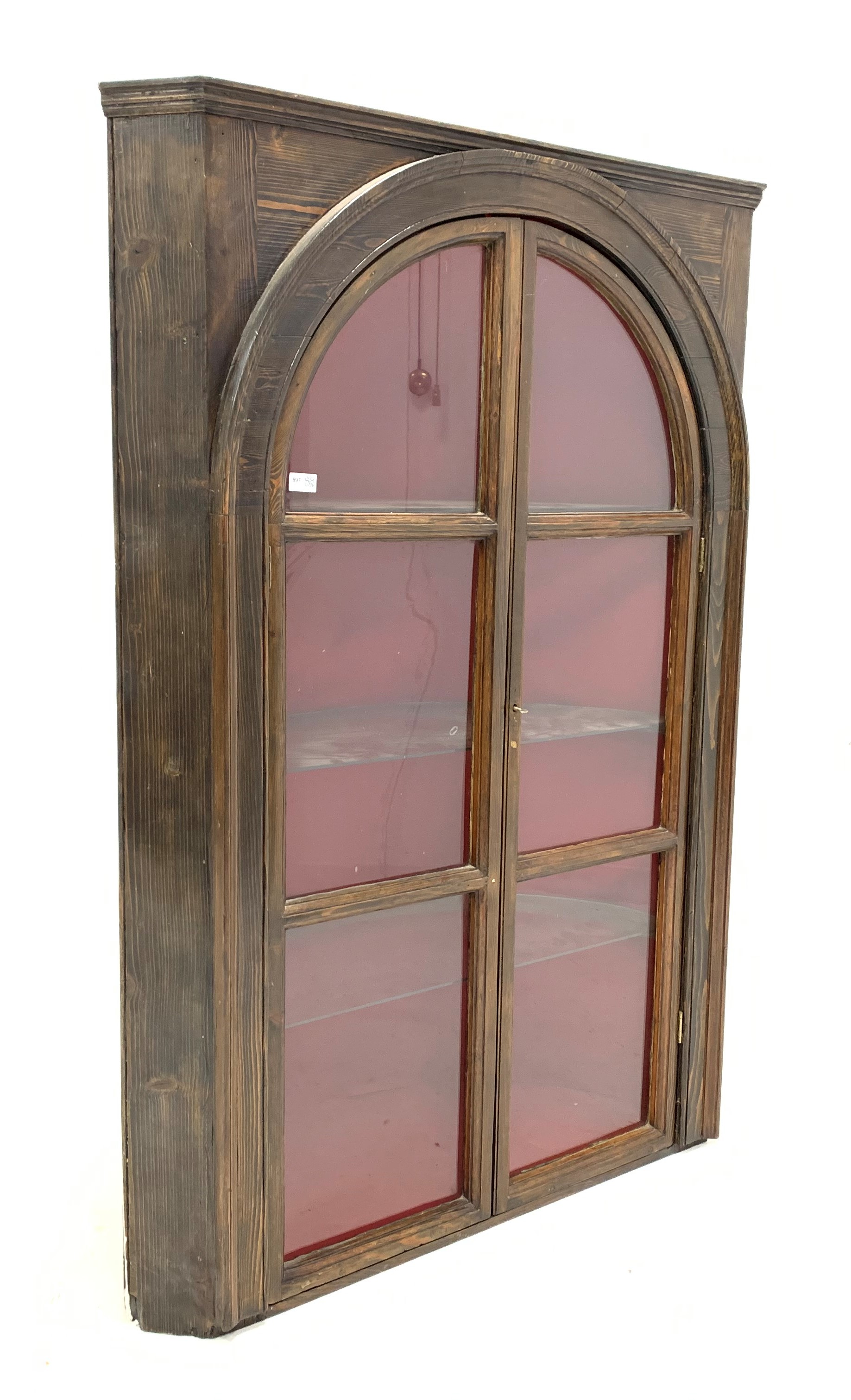 19th century stained pine barrel back corner cupboard,