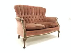 Edwardian walnut framed two seat high back sofa, upholstered in deep buttoned velvet,
