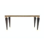 Marble top console table, raised on walnut square tapered supports terminating in brass cups,