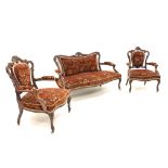 Late Victorian walnut three piece drawing room suite, comprising of a two seat sofa,