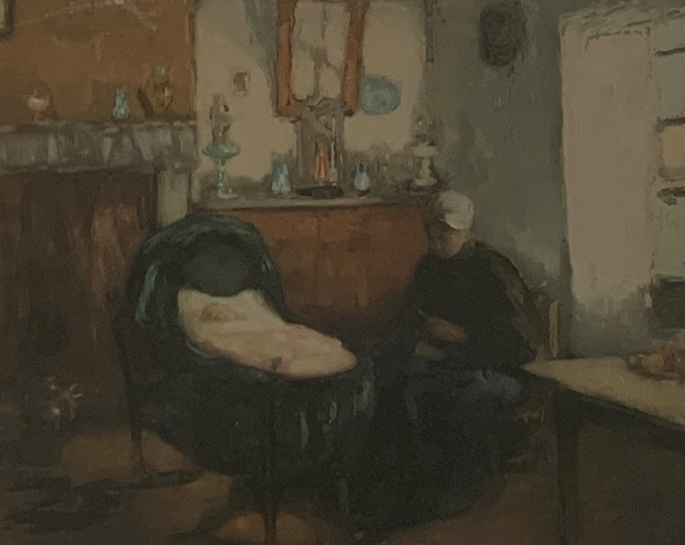 Early 20th Century coloured engraving of an interior scene with mother and child,