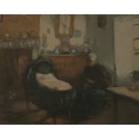 Early 20th Century coloured engraving of an interior scene with mother and child,