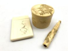 Japanese ivory circular box and cover, decorated with birds and flowering branches, H6cm,