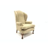 20th century Georgian design wingback armchair, upholstered in beige chequered wool,