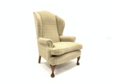 20th century Georgian design wingback armchair, upholstered in beige chequered wool,