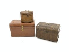 Two tin dome top steamer trunks, (W65cm) and a tin hat box,