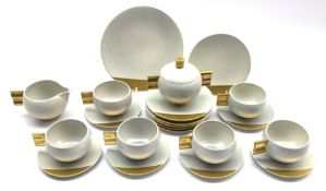 Carlton Ware Art Deco tea set of circular form decorated in grey with gilt handles and highlights