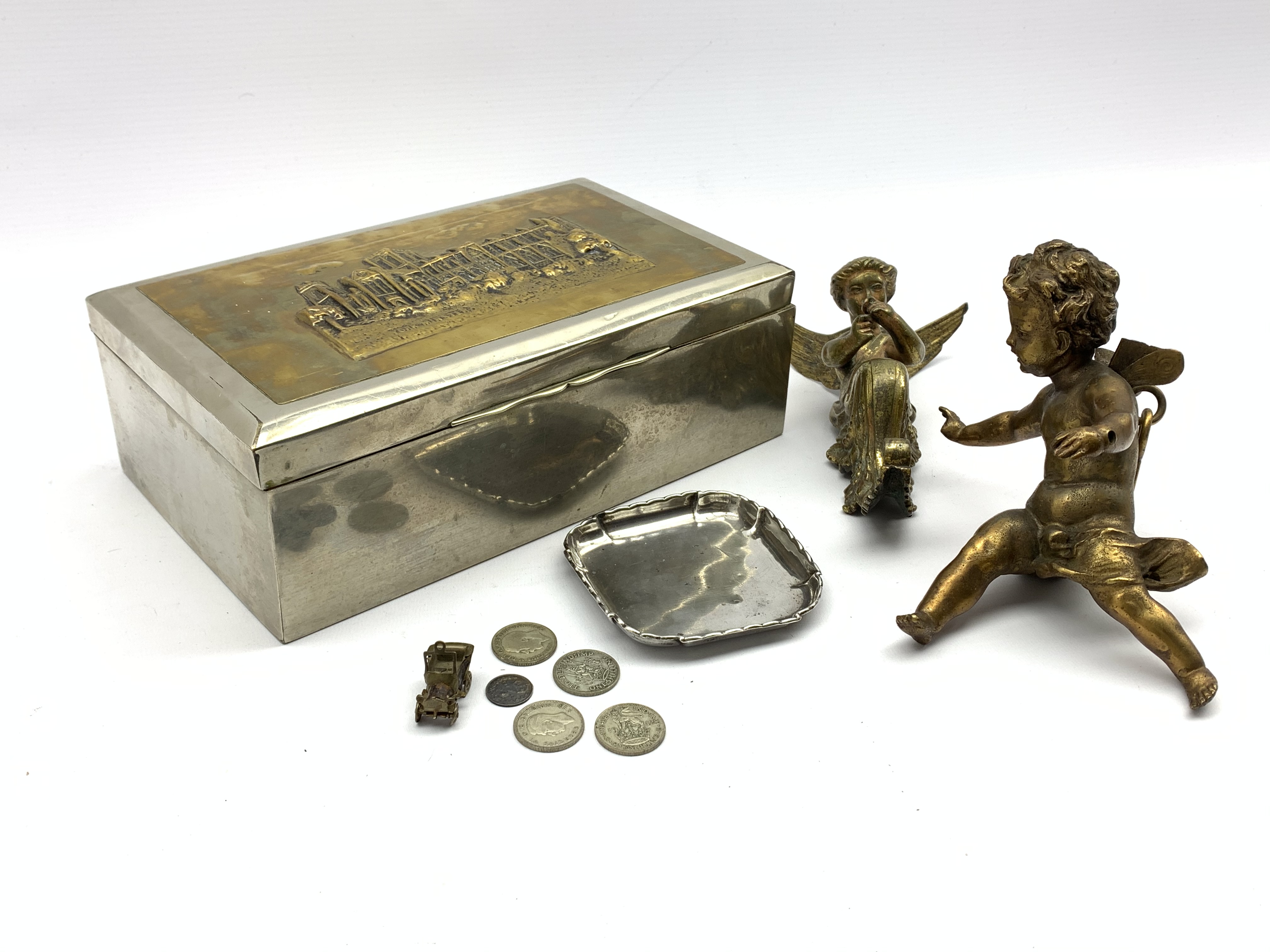 Two gilt metal figures/ornaments, small hallmarked silver pin dish,