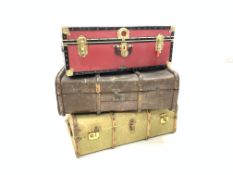 Two vintage early 20th century banded steamer trunks, (W90cm) and a plastic bound travel trunk,