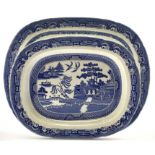Two large blue and white Victorian earthenware meat plated decorated in the willow pattern,