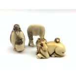 Japanese ivory netsuke in the form of a horse and rabbit, signature mark to base,