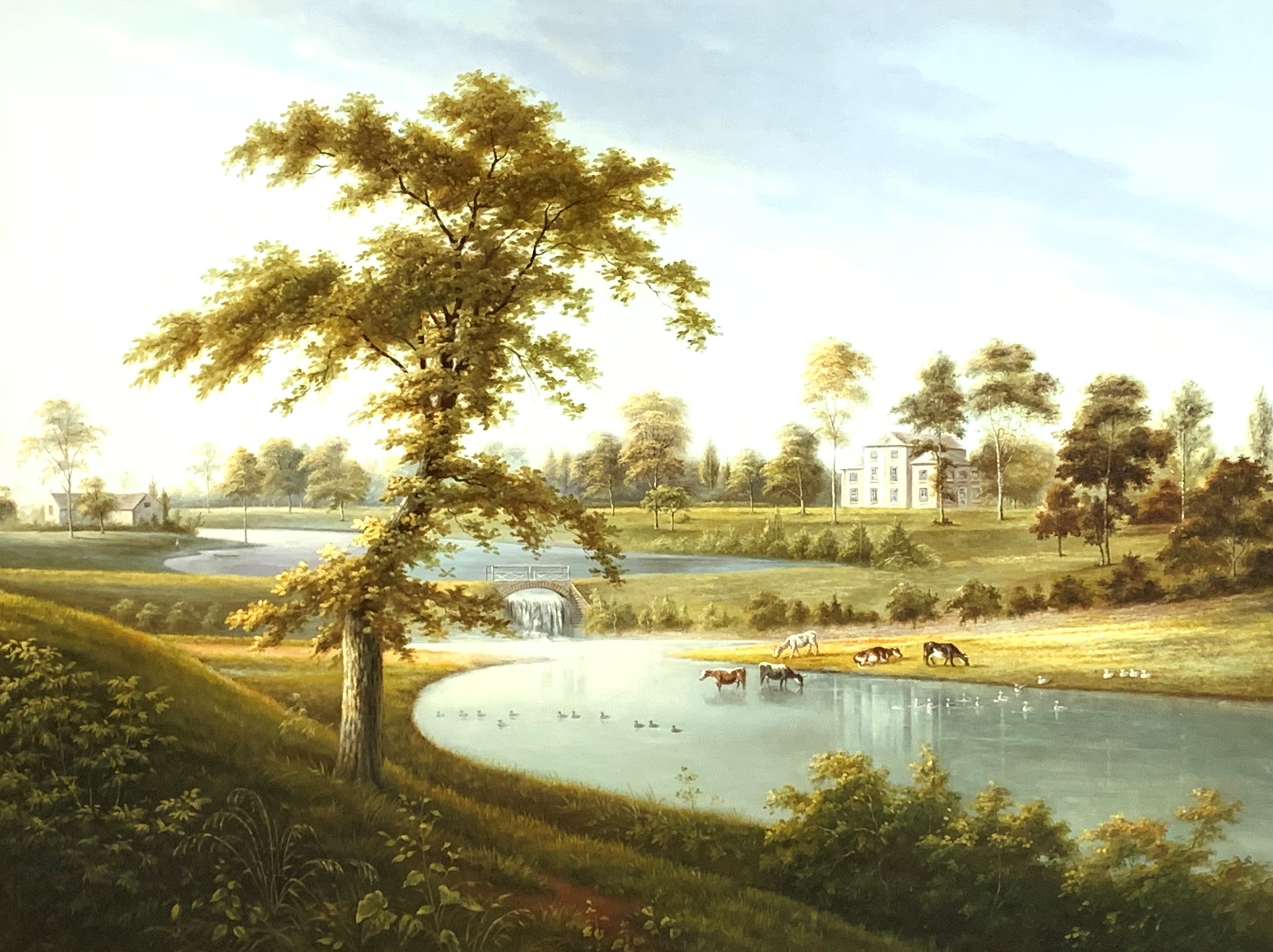 Unsigned oil on canvas of a Country House in a Parkland landscape 90cm x 121cm Condition