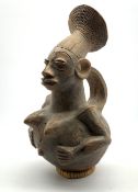 Mangbetu tribal pottery jug in the form of a fertility figure with loop handle H47cm