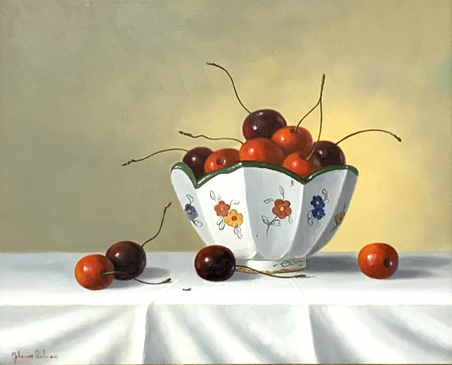 Johannes Eerdmans (Dutch 1950-) still life of a bowl of cherries, oil on panel, signed, 23cm x 29cm,