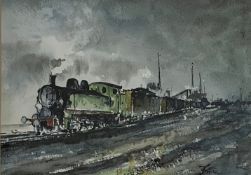Alan Towse tank locomotive pulling freight, watercolour, signed,