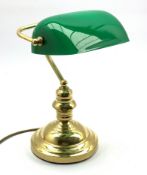 Brass bankers style lamp with green glass shade,