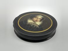 Early 19th Century Stobwasser papier mache circular snuff box,