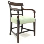 Regency mahogany upholstered elbow chair, shaped moulded cresting rail above rosette,