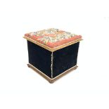 19th century mahogany Ottoman, needlework upholstered hinged top and black velvet upholstered sides,