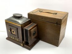 Late 19th Century black Japanned and mahogany magic lantern converted to electricity H35cm in