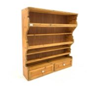 19th century pine three tier plate rack, with two panelled drawers,