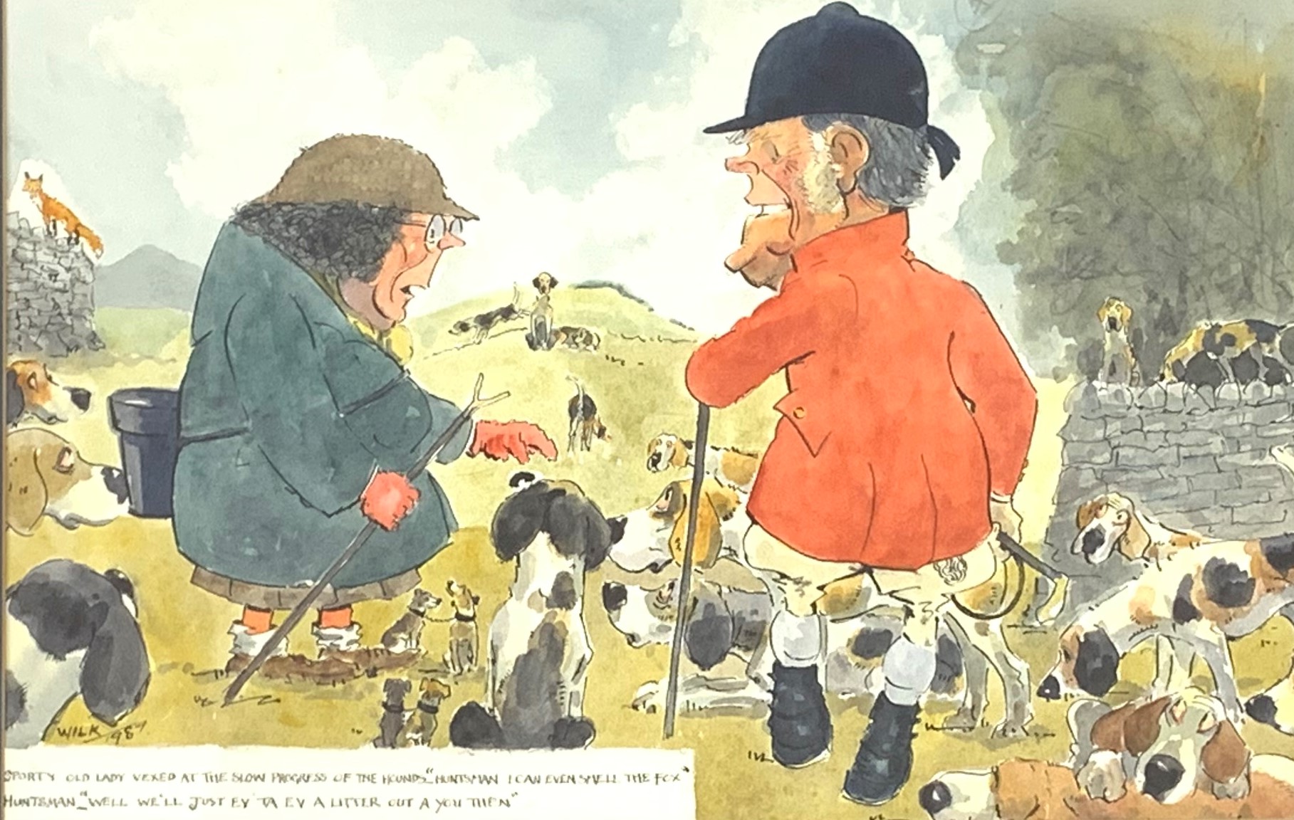 John William Wilkinson (Wilk 1906-1994), watercolour cartoon of Huntsman in humorous conversation,