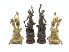 Pair of French spelter figures 'Travail' and 'Agriculture' H40cm and a pair of gilded Marli horses