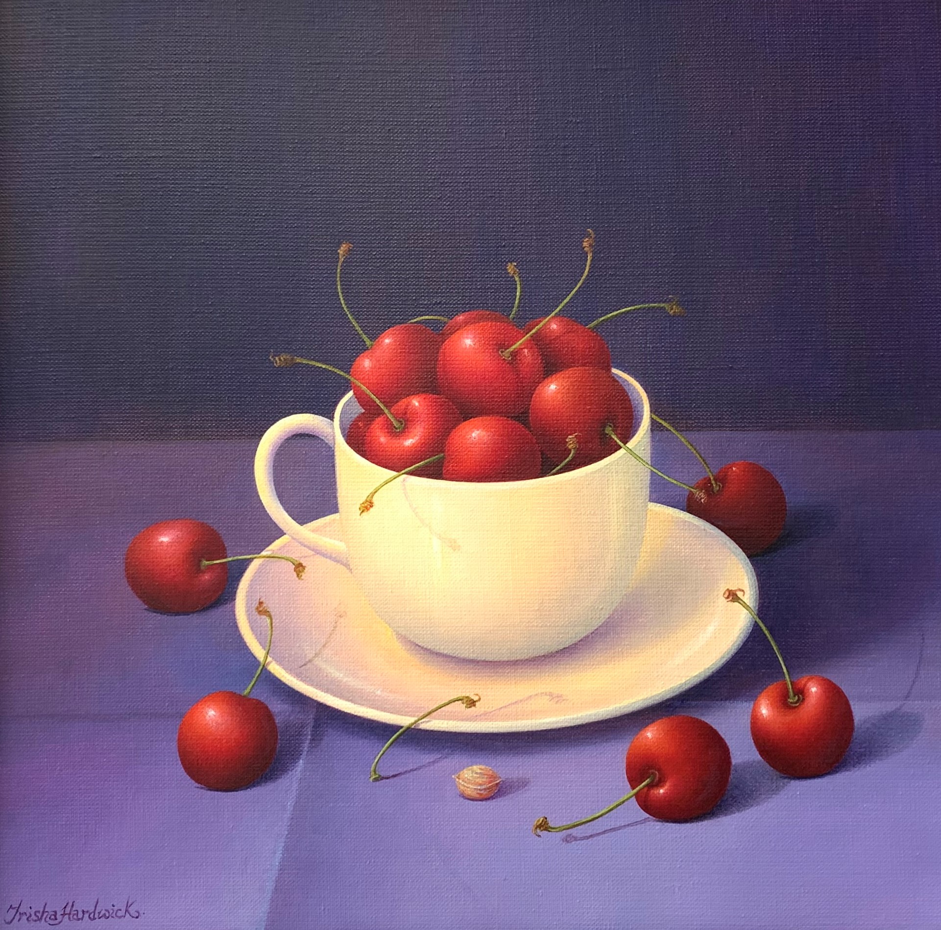 Trisha Hardwick (British 1949-) still life of cherries in a teacup, oil on canvas, signed,