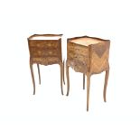 Pair 20th century French style kingwood bedside tables, with floral marquetry inlaid top,