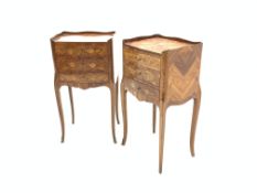 Pair 20th century French style kingwood bedside tables, with floral marquetry inlaid top,