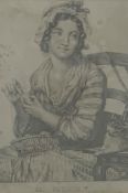 French portrait 'La Devideuse' a girl sitting in a chair winding wool, pencil drawing,