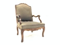 19th century French walnut armchair, carved cresting rail, upholstered seat and back panel,
