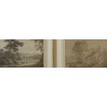 James Bourne (1773-1854) rural landscapes with figures building etc, monocrome watercolours, a pair,