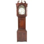 19th century oak and mahogany banded longcase clock, with swan neck pediment above turned pilasters,