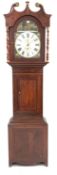 19th century oak and mahogany banded longcase clock, with swan neck pediment above turned pilasters,