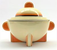 Clarice Cliff Bizarre Stamford shape Art Deco bowl and cover decorated with orange,