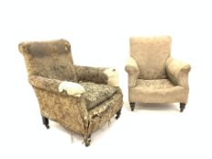 Pair Victorian walnut framed upholstered easy chairs, with out swept arms,