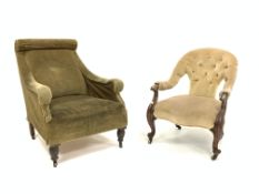 Victorian rosewood open armchair, upholstered in deep buttoned green velvet,