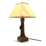 Thompson of Kilburn 'Mouseman' oak table lamp with vellum shade and carved mouse signature H26cm